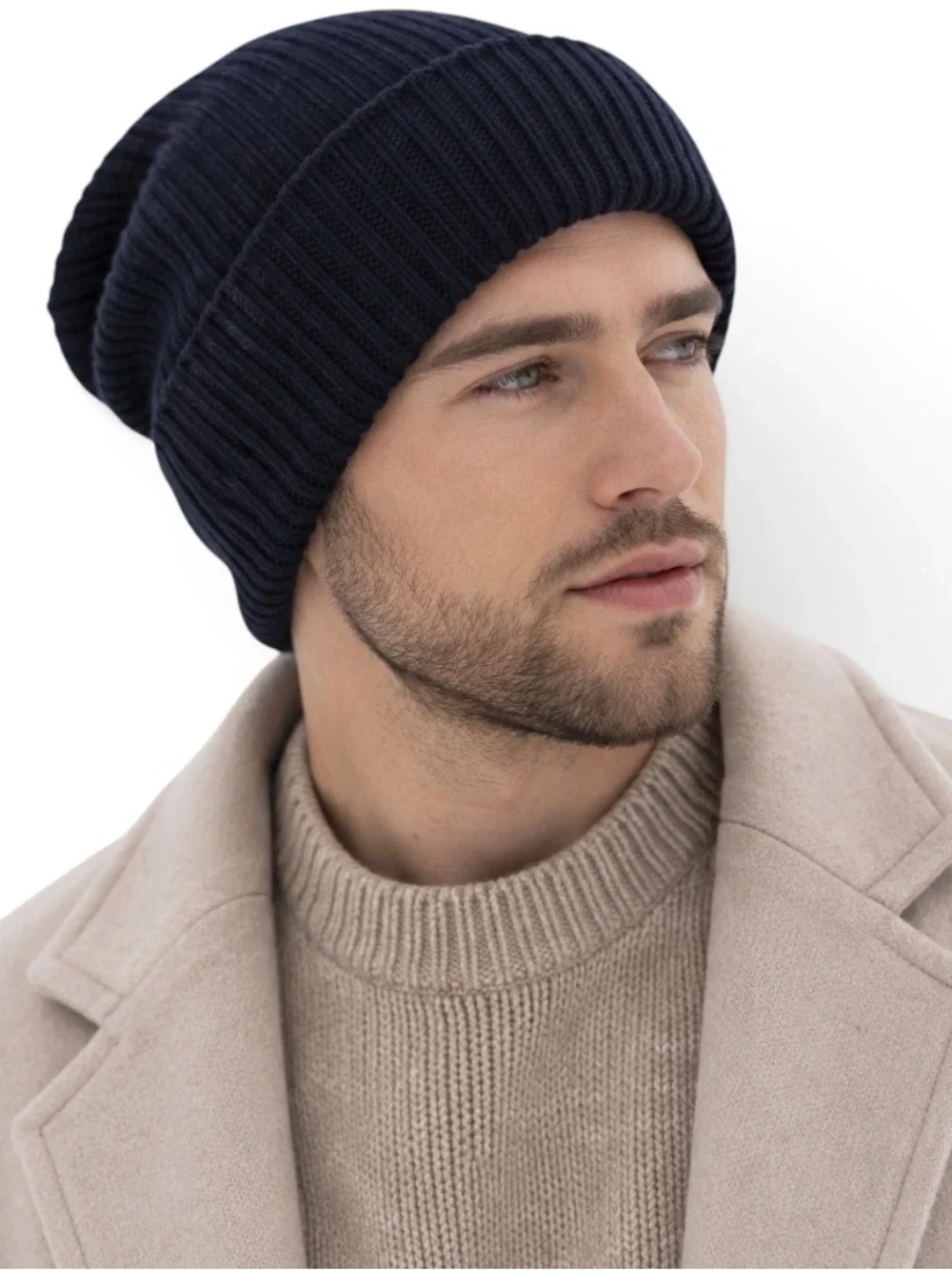 Nordstrom 100% Merino Wool Ribbed Cuffed Slouchy Beanie Dark Navy Unisex NWOT
